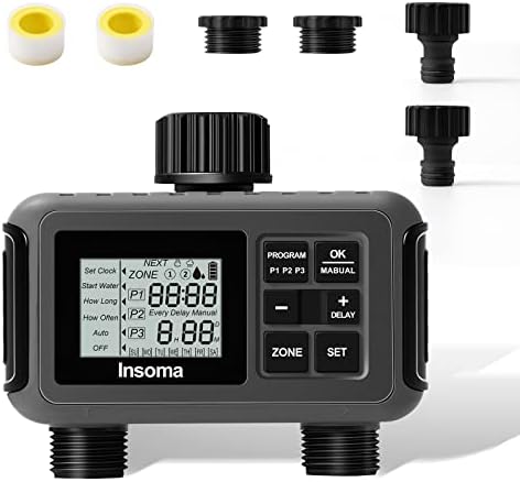 Sprinkler Timer 2 Zone, Digital Water Timer for Garden Hose Faucet, Programmable Watering Irrigation Timer with 2 Outlet/Rain Delay/Automatic Watering Mode, Smart Watering System for Lawns and Yard