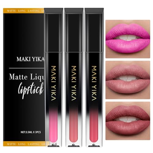 MAKI YIKA 3Pc Matte Lipstick Makeup, Pink Nude Lipstick For Women Long Lasting Smudge Proof Non Transfer Lip Makeup Cruelty Free |Pink/Nude/Rosey