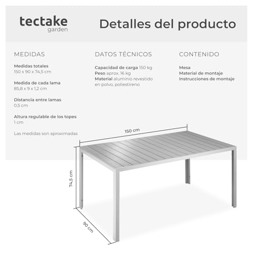 tectake® Mesa Jardín Exterior de Aluminio 150x90x74,5cm, Mesa Terraza, Patas Ajustables y Topes, Mueble Jardín Resistente a Intemperie, Fácil Montaje - Plata/Gris - imagen 3