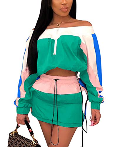 Women s Windbreaker 2 Piece Outfits Long Sleeve Loose Crop Top and Short Striped Pants Tracksuit Set Green