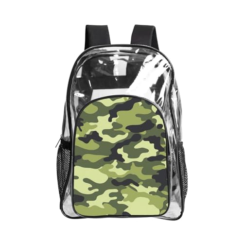 Sac à livres transparent imprimé camouflage vert robuste en PVC renforcé pour voyage et plage
