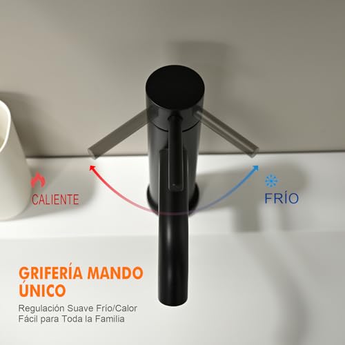 Miniatura 4 de Ibergrif Grifo Lavabo Negro, Mezclador Monomando Clásico Para Baño, Acero Inoxidable, Agua Fría Y Caliente, M11003b