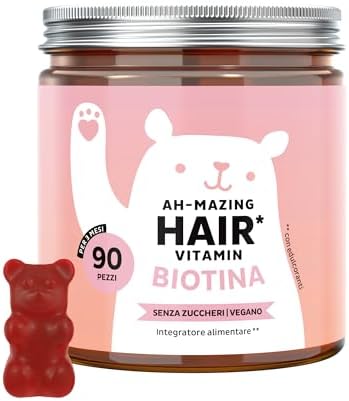 Biotina Gummies Ah-mazing Hair – Integratori per Capelli – Formula Potenziata – 10.000 µg di Biotina, Zinco, Vitamina B6, C, E e Iodio – 90 pezzi (3 Mesi), Vegane, Senza Zucchero, Bears with Benefits