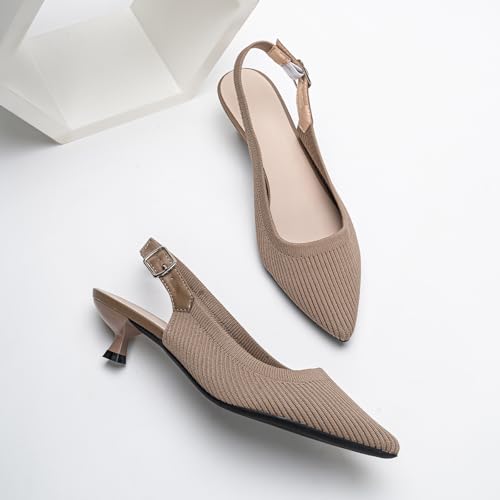 Image of youngshow Women's Slingback Kitten Heels for Work | Knit, Low Heels, Elastic Back Strap, Slip on, Pumps for Office, Wedding, Party