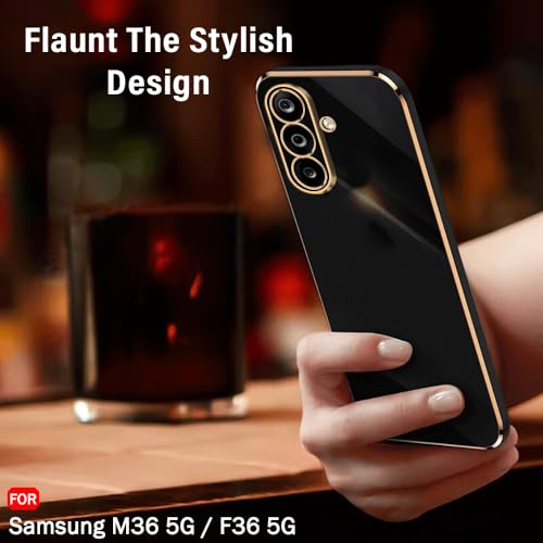 Image of TheGiftKart Luxurious Golden-Plated Back Cover Case for Samsung Galaxy M36 5G / F36 5G | Raised Lips for Camera & Screen Protection | Shockproof Design | Stylish Back Cover Case (TPU, Black)