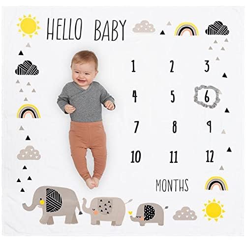 Image of Pondering Pine Organic Baby Monthly Milestone Blanket for Boy or Girl with Month Marker - Elephant Milestones Blanket, 1-12 Months, Gender Neutral, 47" X 47"