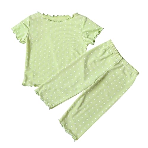 Girls Cotton 𝐏ajamas Set Polka Dot 𝐏ajamas Short Sleeve Ruffle Ribbed Knit Sl𝐞epwear Kids Ruffled Edge​ Loung𝐞wear