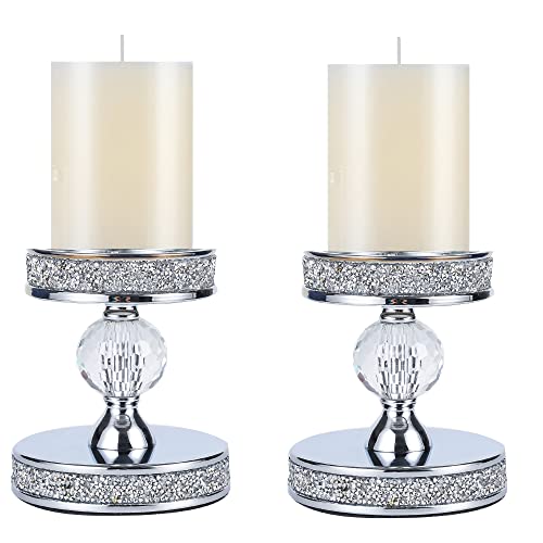 2 Pcs Candle Holders,Pillar Crystal Candle Holder,Silver Candlesticks Holder For Coffee Dining Table, Wedding, Christmas, Home Decoration,Set Of 2 (1 Crystal Ball) #TOP17