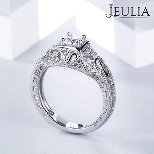 Jeulia Vintage Rings 925 Sterling Silver Round Cut Solitair Diamond Ring Wedding Engagement Statement Ring Band Anniversary Promise Bridal Set With Gift Box (Silver, 7.5) #TOP3