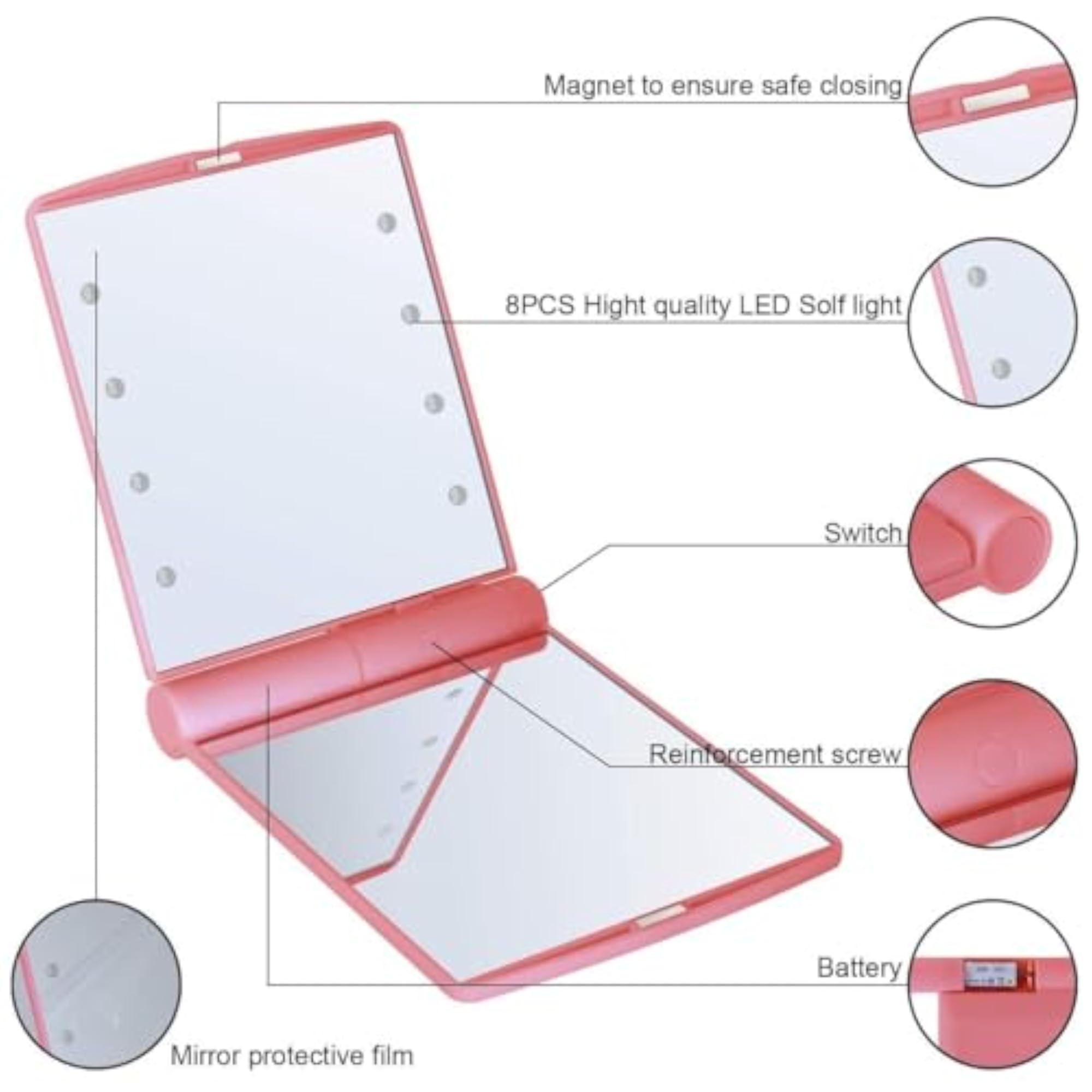 LED Makeup Mirror with 8 Bright Lights, Portable Folding Cosmetic Hand Mirror
