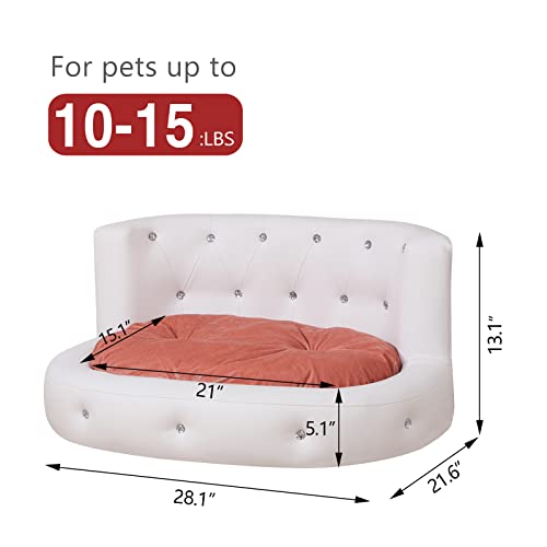 Pu Leather Dog Sofas And Chairs,Wooden Frame Cat Bed,Dog Bed With Soft Velvet Cushion,Crystal Bbutton Pet Sofa For 15 Pounds Pet Using,White #TOP1