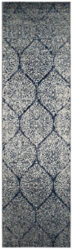 Safavieh Madison Collection 2'3" X 6' Navy / Silver Mad604G Glam Ogee Trellis Distressed Non-Shedding Living Room Entryway Foyer Hallway Bedroom Runner Rug #TOP2