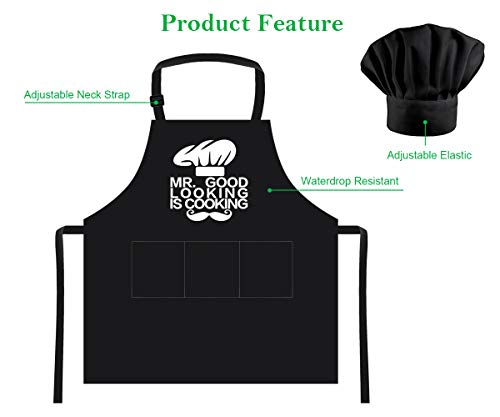 Funny Cooking Apron And Chef Hat Set For Men - Adjustable Bib Chef Apron For Men With 3 Pockets - Bbq Grill Apron For A Husband, Dad, Son, Grandfather Boyfriend Or Any Friend - Mr. Good. #TOP2
