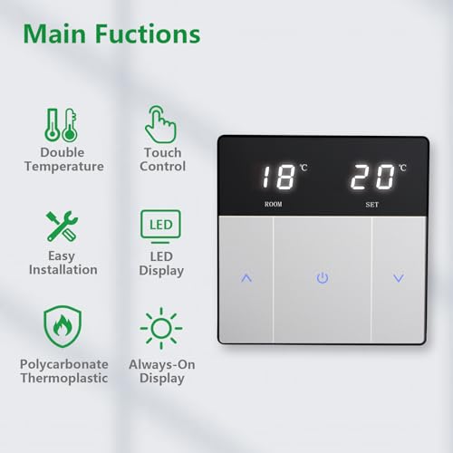 Wengart Raumthermostat WG808 für Elektrische Fußbodenheizung Heizsysteme,Taste berühren AC230V Max16A mit 3m fühler,Nur für 86 * 86mm Installationsdose geeignet