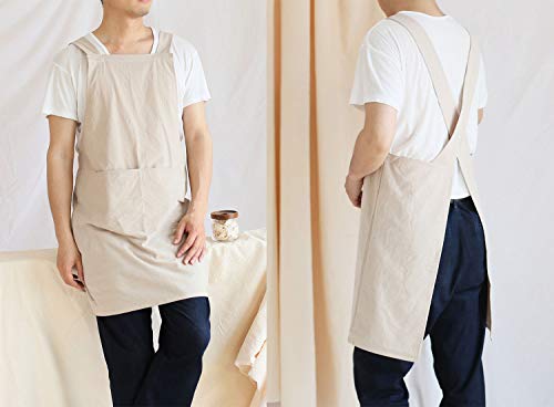 Losofar Women Men Cotton/Linen Japanese Style Cross Back Aprons Pinafore Dress With Two Pockets For Cooking, Housewarming, Daily Chores(Khaki, 24×27.6Inch) #TOP2