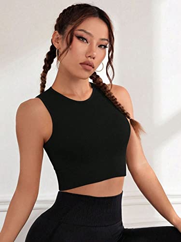 YOAKUKA Women\'s Tank 4 Piece Seamless Ribbed High Neck Tops Workout Shirts Yoga Crop Top