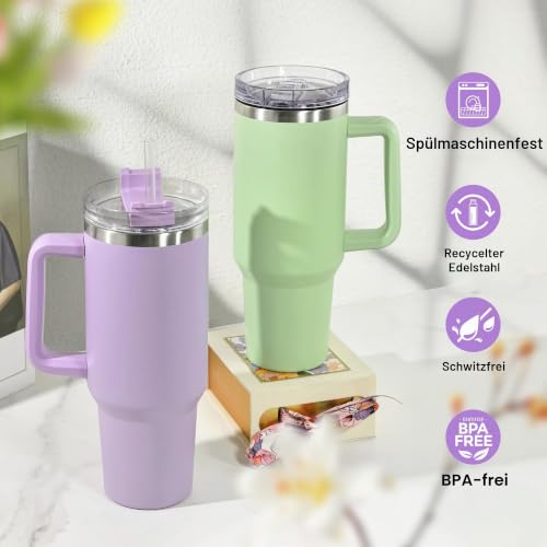 FECBK Thermobecher mit Strohhalm, Henkel und 2 Deckeln 1,2L, Lavendel – Ansicht 5