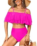 Tempt Me Women Hot Pink Two Piece High Waisted Bikini Set Swimsuit Off Shoulder Ruffle Bathing Suits Tummy Control Ruched Swimwear M