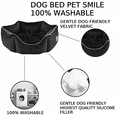 Image of PetLux Velvet Pet Smile Super Soft Reversible Bed for Indoor Cats, Dog Bed for Puppy and Kitty Round Bed, Sofa Basket for a Dog & Cat | Pet Bed With Pillow (M, Black)