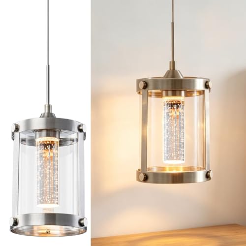 foucasal LED Modern Pendant Light for Kitchen Island, 2700K-5000K Dimmable Crystal Bubble Pendant Lighting with Clear Glass, 9W Hanging Light Fixture for Dining Room (Brushed Nickel, 1-Pack)