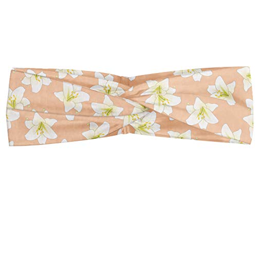 ABAKUHAUS Diadame Floral, Banda Elástica y Suave para Mujer para Deportes y Uso Diario Resumen Lilium candidum Flores en tonos de primavera, verde del duraznero