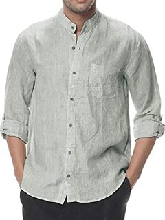 Mens Linen Shirt Casual Button Down Long Sleeve Cotton Curved Hem Lightweight Basic
