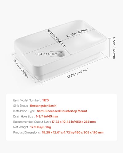 VEVOR Semi Recessed Bathroom Sink, 19.29 x 12.01 Inch Rectangular White Ceramic Vessel Sink with 1-3/4 Inch Drain Hole, Drop in Modern Lavatory Vanity Bath Wash Bowl Basin, Rectangle for Small Space - Thumbnail 7