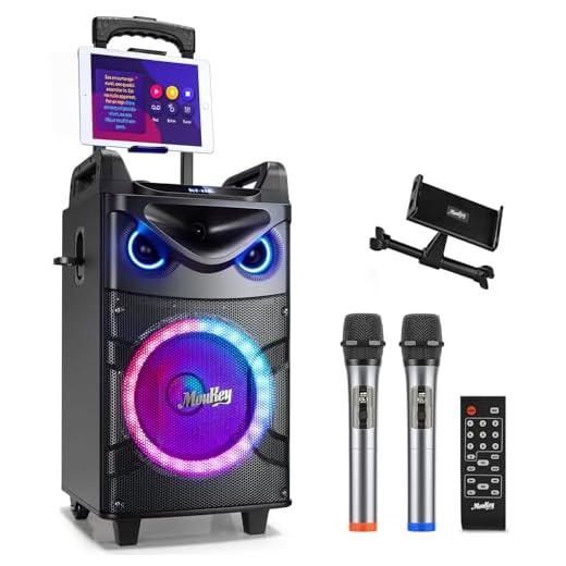 Moukey Karaoke Machine, 10" Woofer Portable PA System, Bluetooth Speaker with 2 Wireless Microphones, Lyrics Display Tablet Holder, Party Lights & Echo/Treble/Bass Adjustment Support REC/AUX/USB/TF