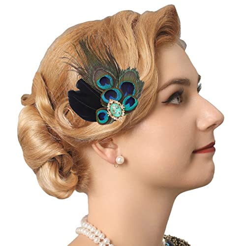 Genbree 1920S Flapper Headband Peacock Feather Hair Clip Black Feather Headpiece Turquoise Gatsby Hair Clips Prom Party Head Accessories For Women #TOP5