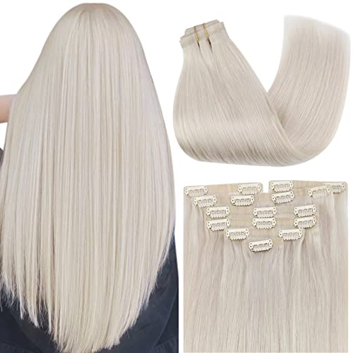 Sunny PU Clip in Hair Extensions Platinum Blonde 130g Seamless Clip on Human Hair Extensions Invisible Blonde Clip in Extensions Thick End 14inch 7pcs