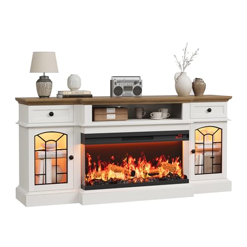 For Tvs Up To 80", Entertainment Center With 36" 3-side Glass Electric Fireplace With Open Shelf And Cabinet, Tv Console For Living Room, Antique White