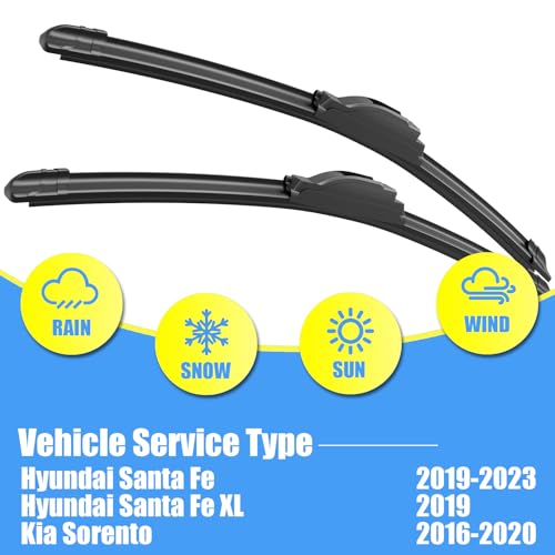 Image of Gavimnal Silicone Wiper Blades Replacement For Hyundai Santa Fe 2019-2023 | Fits Kia Sorento 2016-2020; 26 inch+16 inch Front & 11 inch Rear, All-Weather, Streak-Free, OE-fit, Quiet, Easy One-Click Install