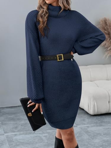 Image of Women's Turtleneck Textured Lantern Sleeve Ribbed Knit Mini Dress Pullover Oversized Sweater Dresses S-XL
