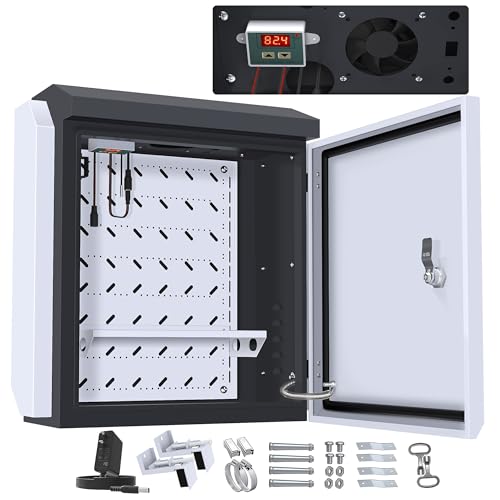 Akwscyby Outdoor Electrical Box with Thermostat and Fan, Precise Temperature Control 0.1°F, IP65 Water Resistant Rating, Galvanized Steel, Aluminum Rear Beam(21.7' x 17.3' x 9.0')