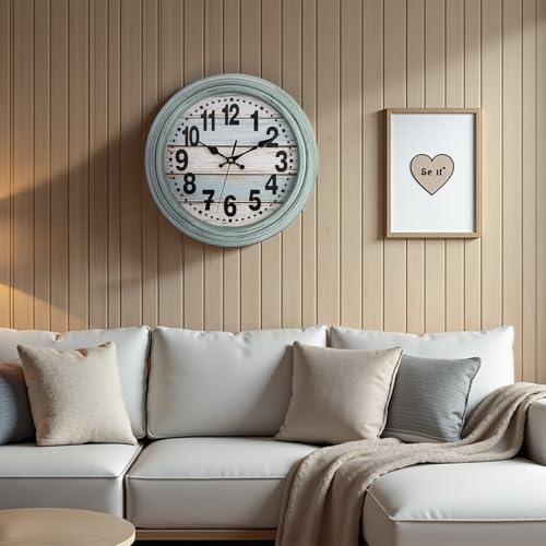 ZENFUN 12'' Rustic Wall Clock, Silent Non Ticking Clock Quartz Wall Clock Battery Operated, Country Style Wall Decoration for Kitchen Living Room Home, Office, School, Large Numbers, Green - Image 7