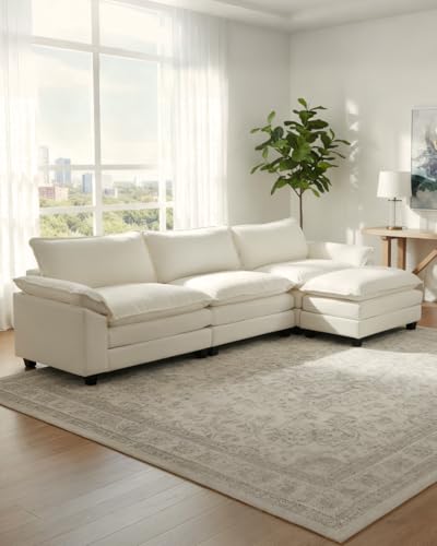 Karl home Sectional Sofa Modular Deep Seat Sofa Couch with Ottoman, Chenille Sofa Sleeper Comfy Upholstered Furniture for Living Room, Apartment, Studio, Office, (3-Seat & 1-Ottoman, Beige)