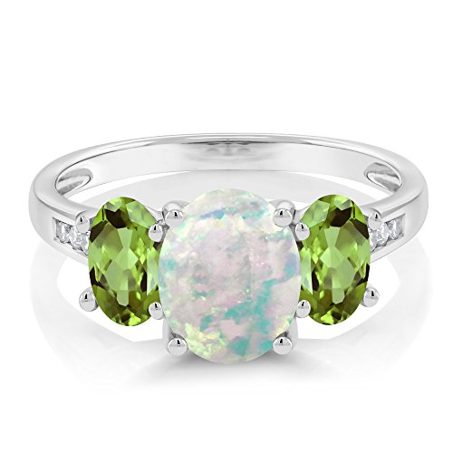 White Simulated Opal and Gemstone Birthstone with Diamond Accents 3-Stone Engagement Ring for Women | 10K White Gold | Oval 8X6MM and 6X4MM | Elegant Wedding Anniversary Promise Ring | Size 5-92