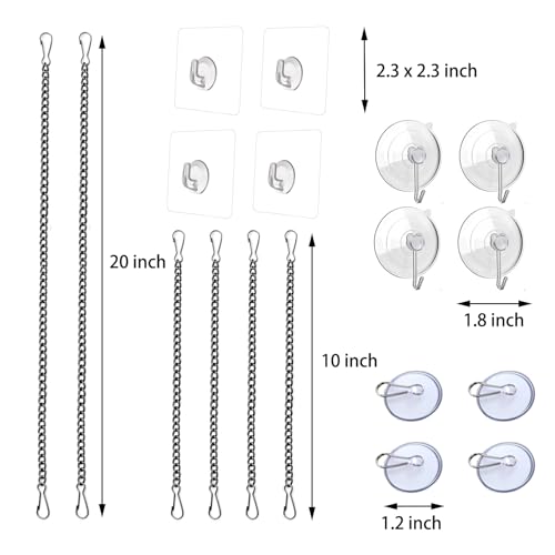 Image of Stained Glass Window Hanging Chain Kit with Suction Cup Hooks, Black Picture Hanging Chain Sunshine Catcher Metal Nickel Plating Stained Glass Window Panels 10 Inch and 20 Inch