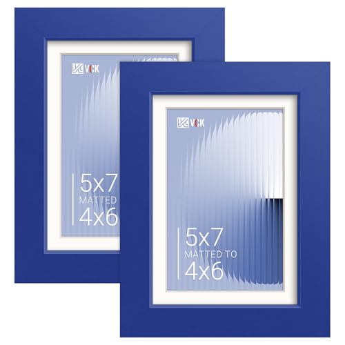 Image of VCK 5x7 Picture Frame 2 Pack, Blue Wood, 4x6 Mat, Glass, for Photo Print