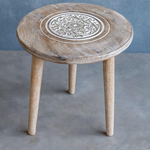 Image of JAL HANDICRAFTS Wooden Three Legs Round Coffee Table and Side Table with Pillars for Plant Holder Natural Plants, Books, and Magazines in Compact Spaces (White Wash)