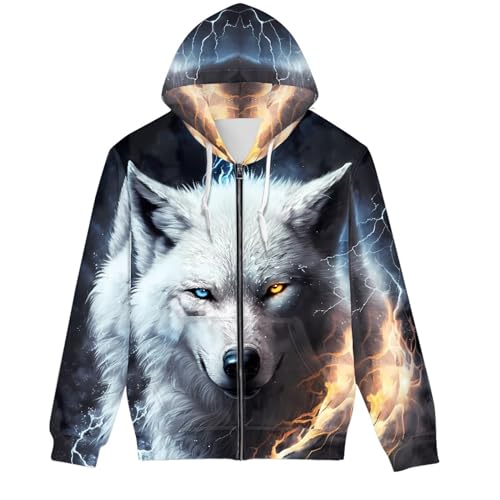 GLUDEAR Unisex Realistischer 3D-Digitaldruck Full Zip Hoodie Jacken Kapuzen-Sweatshirt, Weißer Feuerwolf, Medium