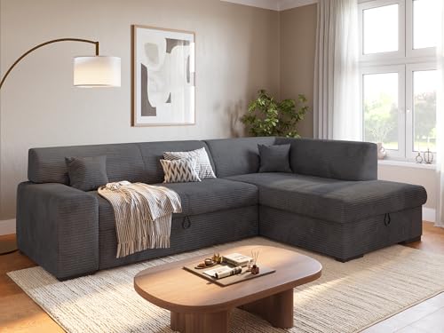 BROMARKT Ecksofa mit Schlaffunktion 260 cm L Form Grau Rechts Seite Couch Sofa mit Bettkasten Schlafcouch Schalsofa 3 sitzer Eckcouch Sofabett Wohnlandschaft Cordstoff