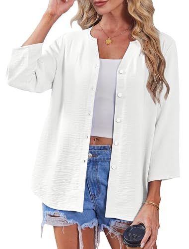 Image of OFEEFAN Button Down Shirts for Women 3 /4 Length Sleeve Tops V Neck Blouses Business Casual Outfits Loose Fit