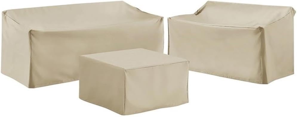 BOWERY HILL 3 Piece Outdoor Furniture Cover Set, Reinforced Vinyl, Tan Finish, Includes Loveseat, Sofa, and Square Ottoman Covers, Waterproof Scratch Proof Design for Patio Furniture