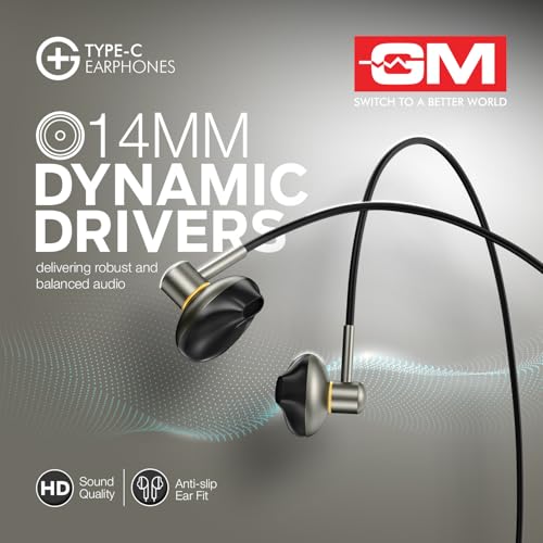 Image of GM G+ Type-C Wired Earphones with Mic | 14mm Drivers HD Bass Sound | Half-in-Ear Comfort Fit | Metallic Finish, Lightweight | One Touch Control | for Calls, Music & Gaming USB-C Devices
