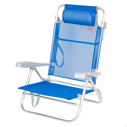 AKTIVE Silla playa plegable, 8 posiciones, Color azul, 47x49x82 cm, Incluye cojín acolchado, Asas de transporte, Soporta 110 kg, Sillas respaldo reclinable, Multiposición (62668)