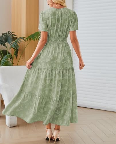 Image of Women's Maxi Dresses Boho Burnout V Neck Short Puff Sleeve Smocked Empire Waist Long Wedding Guest Semi Formal Dress Pockets