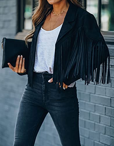 Chartou Women's Chic Cropped Tassel Fringe Faux Suede Moto Jacket (Medium,Black) #TOP3