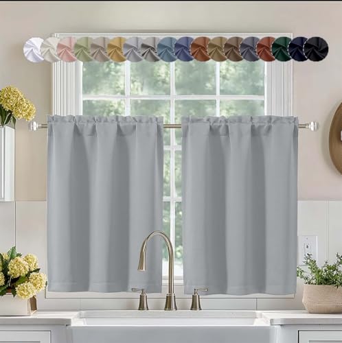 Image of Aiyufeng Silver Grey Short 36 Inches Blackout Curtain 2 Panels Set, Half Window Rod Pocket Privacy Curtain Tiers for Kitchen, Curtains Blackout for Bathroom Shades, W40 x L36 Inch, Silver Grey