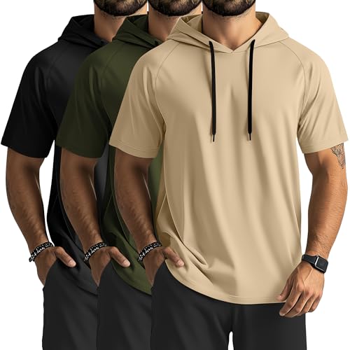 Ficerd 3 Pack Men's Short Sleeve Workout Hoodies 3Color XL